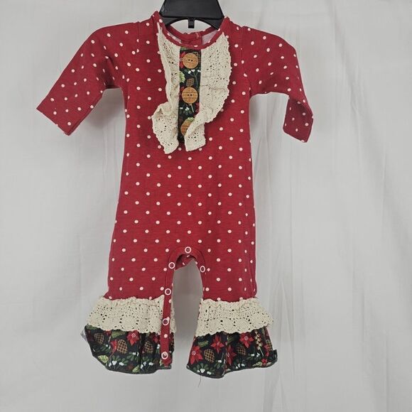 Ric Rac Ruffles Red Polka Dot Christmas Romper Ruffles Baby Girl Size 3-6 Months - Picture 1 of 6